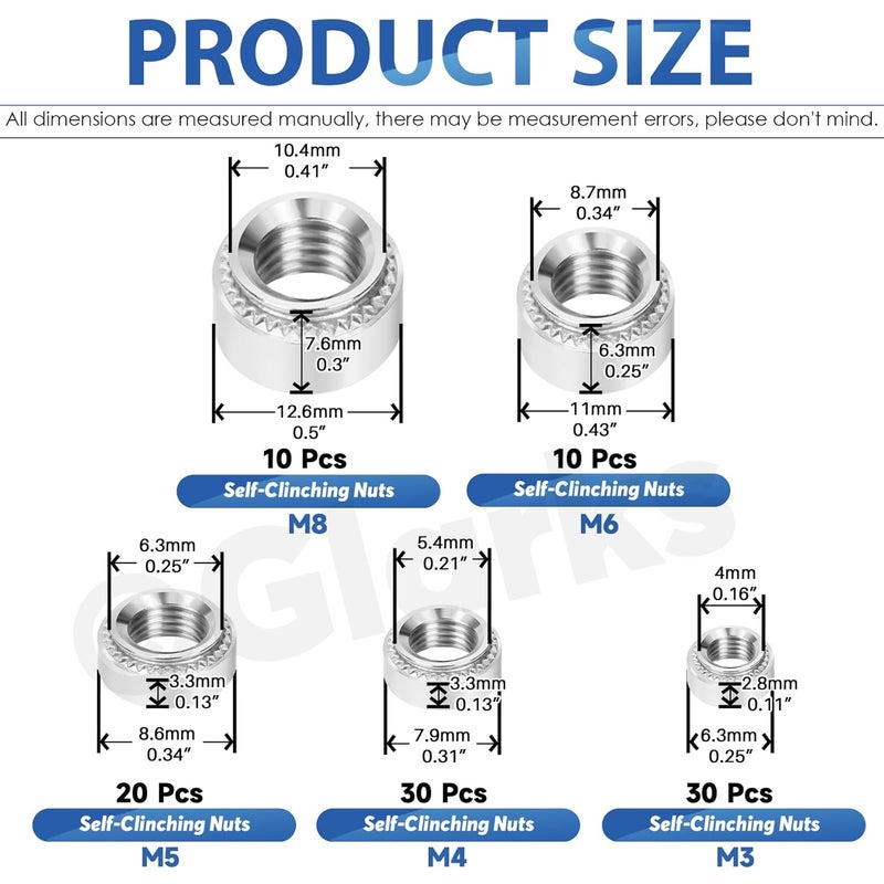 Glarks طقم صواميل ذاتية التثبيت 100 قطعة M3 M4 M5 M6 M8، صمولة ريفيت رأس دائري من الفولاذ المقاوم للصدأ 304، صمولة ذاتية التثبيت مزخرفة لمثبتات الآلات والمنتجات الكهربائية والصناعية - Image 2